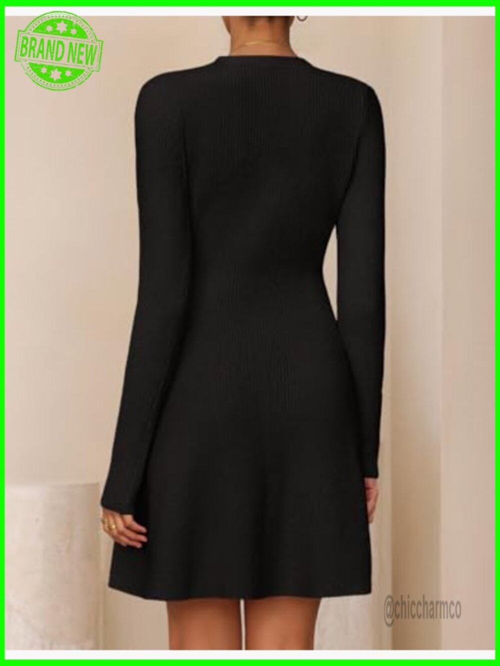Long Sleeve V-Neck Ribbed Knit Sweater Dress Mini A-Line Fall Winter - Picture 3 of 7